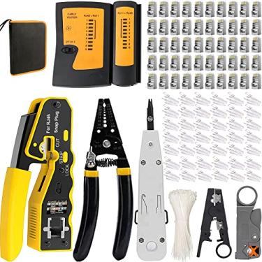 Imagem de LEATBUY Kit de ferramentas de crimpagem para RJ45/RJ11/RJ12/CAT5/CAT6/Cat5e/6P/4P/8P, cortador de decapador de conector de fio de rede profissional, manutenção de computador e testador de alicate de cabo LAN (cinza)