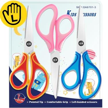 Imagem de Conjunto de 3 tesouras infantis reais para canhotos de 17,78 cm, tesouras infantis de 8 a 10 anos, 8 a 12, 8 a 16 anos, com lâminas de aço inoxidável de ponta pontiaguda e aderência macia, ótimas para