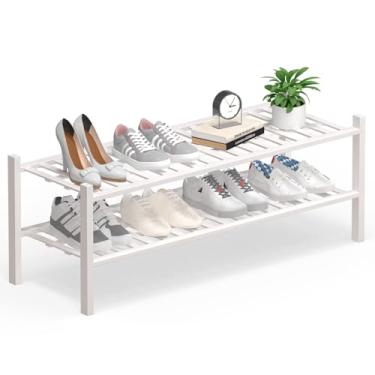 Imagem de Haddockway Organizador de sapatos de bambu longo de 2 níveis, prateleira empilhável multifuncional com painel de grade para armário, corredor, entrada, espaço pequeno 87 x 28 x 33 cm (branco, 2 níveis