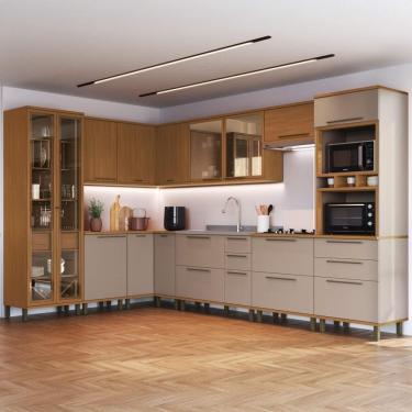 Imagem de Cozinha Modulada Completa Fidelitá Barcelona 10 Peças 564cm 18 Portas 5 Gavetas Sem Tampo Freijó/Camurça