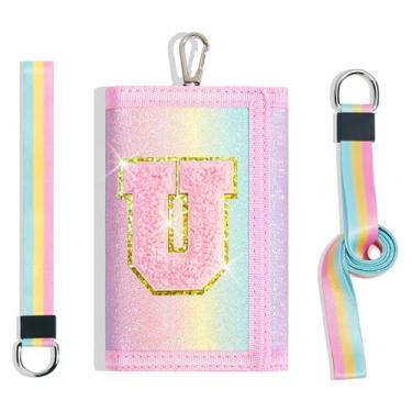 Imagem de cotmcor Carteiras infantis para meninas, adolescentes, 6-8, 8-10 anos, linda bolsa infantil com inicial de rebanho, bolso para moedas, glitter, arco-íris, carteira transversal para presentes de