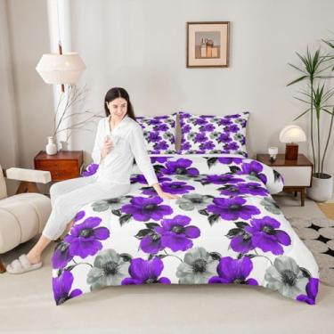 Imagem de Manfei Conjunto de edredom floral em aquarela, tamanho Queen, flor roxa e cinza, 3 peças, botânico, floral, para todas as estações, decoração de quarto de crianças, meninos e meninas, 2 fronhas, sem