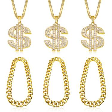 Imagem de Vegolita 6 unidades de colar de corrente de ouro para homens e mulheres com pingente de símbolo de dólar para dinheiro conjunto de corrente de ouro grosso de plástico falso conjunto de corrente de