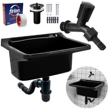 Imagem de Tanque Plástico 22L Lavanderia Preto + Sifão Copo Universal