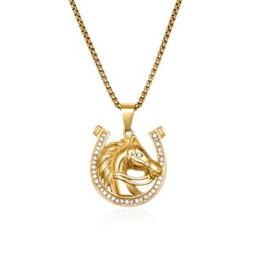 Imagem de IDOKAWA Colar masculino com pingente de cabeça de cavalo, joia de cowboy hip hop de ouro com ferradura de zircão, aço inoxidável banhado a ouro 18 K, corrente ajustável de 61 cm, presente para