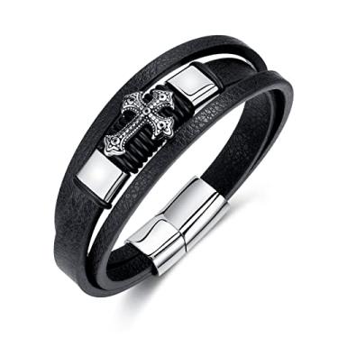 Imagem de Rockyu Pulseira masculina cruz preta couro 3 fileiras cruz de aço inoxidável presente couro
