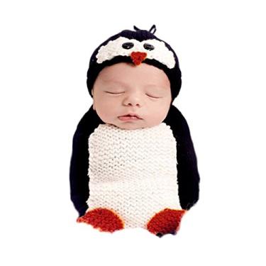 Imagem de Adereços para fotografia de bebês recém-nascidos para meninos e meninas, acessórios para sessão de fotos, roupas de crochê tricotadas, unissex, fofo, calça de chapéu infantil, Saco de dormir pinguim,