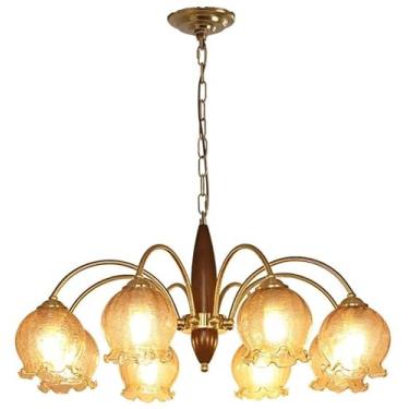 Imagem de Lustre Sputnik moderno de 6 luzes de meados do século com vidro âmbar rachado, lustre floral, luminária pendente de ilha de cozinha de fazenda de madeira vintage para quarto, mesa de jantar,