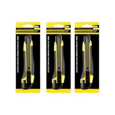Imagem de Kit 3 Estiletes Largo Cabo Emborrachado Preto E Amarelo Com 2 Lâminas Extras Eda 8Ro 18MM Profissional Uso Geral