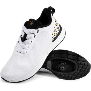 Imagem de Tommaso Tênis feminino de ciclismo SPD – compatível com bicicletas Peloton e Indoor – Sapatos de bicicleta para uso externo – Chuteiras SPD instaladas, Branco/leopardo - Spd, 41