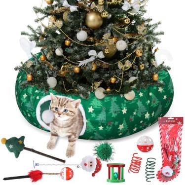 Imagem de Dansydaisy Cama de túnel para gatos de Natal com 8 brinquedos para gatos, cama de túnel de pelúcia fofa para cães com almofada lavável e bolas penduradas, parquinho multifuncional de 1,5 m para