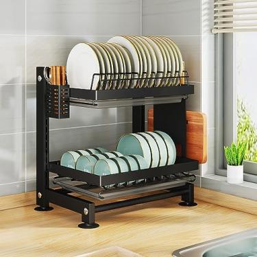 Imagem de AKALNNB Escorredor de pratos de cozinha, escorredor de pratos de 2 camadas com suporte de copo de bandeja coletora, escorredor de pratos com suporte de utensílios, grande capacidade para bancada de