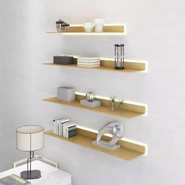 Imagem de Prateleiras de parede flutuantes, prateleira de livros de exibição de liga de alumínio com iluminação LED prateleira de armazenamento de parede para sala de estar (cor: amarelo, tamanho: 150 x 20 cm)