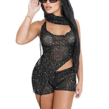 Imagem de Roupa KANSOON Sexy de duas peças em malha de lantejoulas sem encosto p