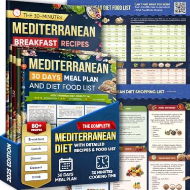 Imagem de Conjunto de 5 tabelas de dieta mediterrânea lista de alimentos 2025, livro de receitas da dieta mediterrânea para iniciantes com menos de 30 minutos, tamanhos de porção calorias, carboidratos líquidos