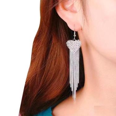 Imagem de Brinco Feminino Delicado Coração Strass Franja Prateado Joia - anjo da