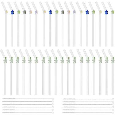 Imagem de 36 canudos reutilizáveis de vidro transparente com 12 peças de escova de limpeza resistente ao calor, lindos canudos dobrados de flores para smoothies, chás, sucos, milkshakes, coquetéis (36 peças