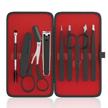 Imagem de ESSBES Pinças para cabelo facial feminino, kit de sobrancelha 9 em 1 com pinça, tesoura de aparador de sobrancelha, lâmina, escova com estojo de viagem de couro, ferramentas de beleza diárias para