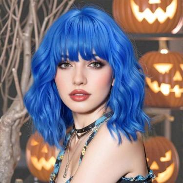 Imagem de Peruca XIXIBI Blue Bob com franja para mulheres Cosplay Halloween