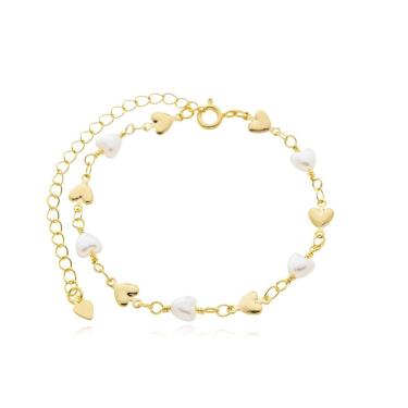 Imagem de Tornozeleira Perolas Sinteticas Corações Banhada A Ouro 18k