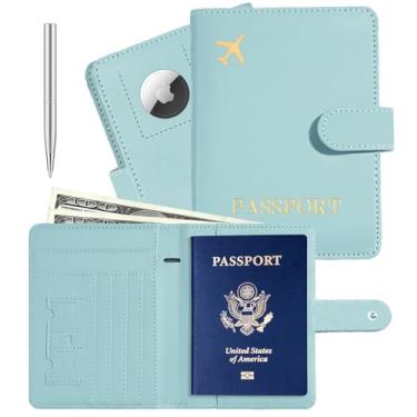 Imagem de Beanumerous Suporte para passaporte com compartimento para Airtag e bolso para cartões e bilhetes aéreos, carteira de viagem, bloqueio de RFID, capa de passaporte essencial de viagem, Ciano claro