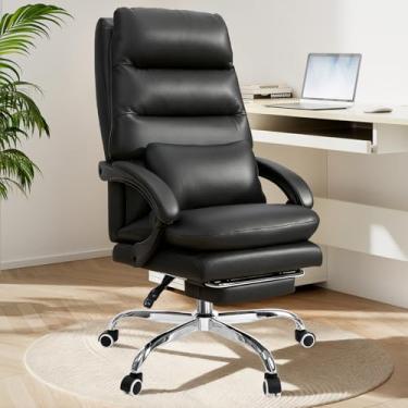 Imagem de Holiwei Cadeira de escritório, cadeiras de mesa ergonômicas grandes e altas para computador com descanso para os pés e travesseiro, cadeira executiva de couro com trava de inclinação ajustável