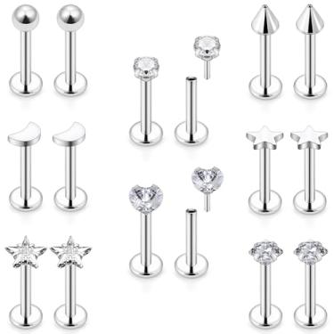 Imagem de Pnsgisr Anéis de nariz sem fio/brincos de costas planas, 20G 18G 5/40.6 cm, 8 pares de joias de piercing de aço cirúrgico para mulheres e homens., Metal, Zircônia cúbica