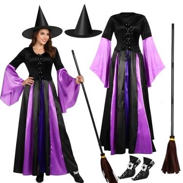 Imagem de Liitrsh Conjunto de fantasia feminina de bruxa, vestido clássico de feiticeira com chapéu de bruxa, vassoura de bruxa, capas de sapato de bruxa, vestido de Halloween, Roxa, GG