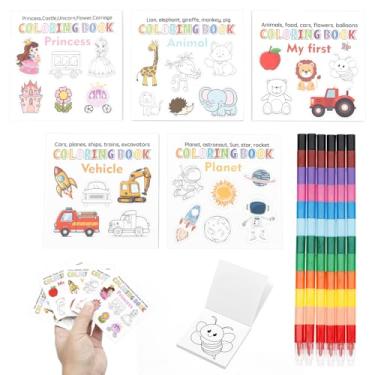 Imagem de 5 mini livros de colorir com 6 giz de cera de 7,6 cm x 7,6 cm, 50 páginas, livro de colorir minimalista para alívio do estresse, livro de atividades de desenho de arte DIY para crianças, lembrancinhas
