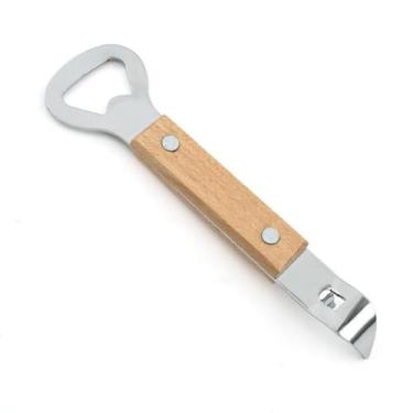 Imagem de Abridor de garrafas e latas de cabeça dupla – Aço inoxidável premium com cabo de madeira – Ferramenta de cozinha essencial para abertura sem esforço de garrafas e latas