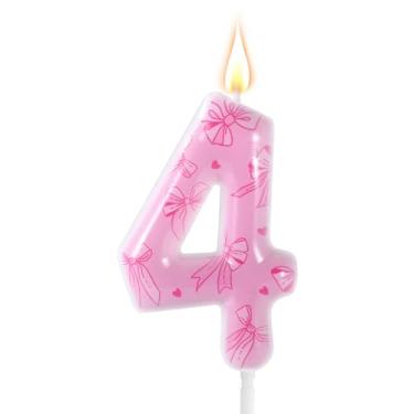 Imagem de Vela de aniversário com laço rosa, número com tema de laço elegante, enfeite de bolo de aniversário para mulheres, meninas, festas de casamento, chá de bebê, decorações de aniversário (número 4)