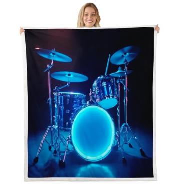 Imagem de Erosebridal Kit de tambor 3D, cobertor sherpa, azul, leve, kit de tambor de pelúcia felpuda, instrumento musical rock, cobertor de lã para crianças, meninos, meninas, tema de música rock, decoração