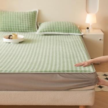 Imagem de Capa de colchão, lençol de veludo grosso, cores sólidas, protetor de colchão quente para todas as estações, capa de colchão elástico macio para outono, inverno, primavera, verde, 180 x 200 cm (apenas