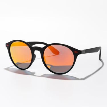Imagem de Óculos de sol masculino feminino clássico retrô rebite polarizado TR90 pernas design mais leve armação redonda, Armação preta fosco/lente espelhada vermelha, Lens Width: 51 Millimeters