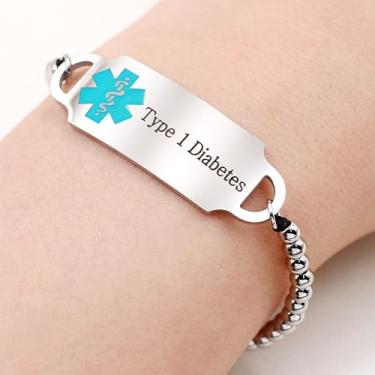 Imagem de Pulseira de identificação de emergência YA4661, design de alerta médico ajustável para mulheres, joia médica azul econômica para uso diário, ideal para monitoramento de saúde, Medium, Aço inoxidável