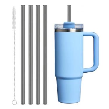 Imagem de 4 canudos Tritan de substituição compatíveis com Stanley Quencher de 850 g, copo copo de 1,134 g, canudos reutilizáveis com 1 escova de limpeza (cinza)
