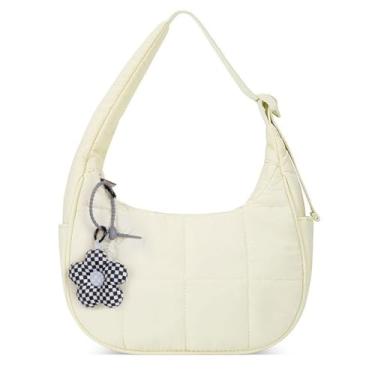 Imagem de Bolsa de ombro pequena acolchoada com tamanho crescente, bolsa de mão feminina acolchoada de nylon - bolsa de mão acolchoada com alça ajustável, Bege