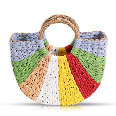 Imagem de Bolsa de palha, bolsa de praia para mulheres, bolsas boêmias tecidas à mão, sacola colorida semicircular, bolsa de praia de palha adequada para piquenique, viagens, combinação diária, Multicor