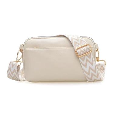 Imagem de Bolsas transversais com zíper triplo para mulheres, bolsas de couro vegano, bolsas de ombro pequenas com alça larga, Bege, Small to Medium, Bolsas transversais com zíper triplo