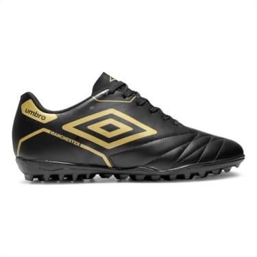 Imagem de Chuteira Society Umbro Manchester Masculina Grama Sintética Antiderrapante U01FB00461 (Preto/Dourado, BR, Adulto, Numérico, 38)