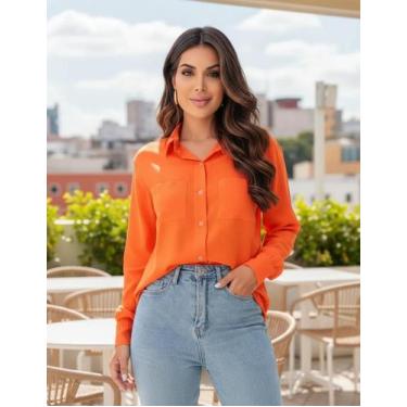 Imagem de Camisa Social Feminina Manga Longa Alfaiataria Com Bolsos Frontais - G