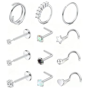 Imagem de Conjunto de argolas de nariz para mulheres e homens, hipoalergênico, aço inoxidável cirúrgico 316L, segmento de clique, anéis de nariz, argola, hélice, cartilagem, Daith Tragus, brincos prateados