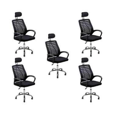 Imagem de Kit 5 Cadeiras Escritório Diretor Tela Mesh Com Encosto De Cabeça Preto