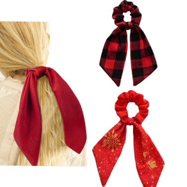 Imagem de Cachecol de cabelo vermelho com laço de fita para mulheres e meninas, elásticos de Natal para cabelo, laços de cabelo tie-dye retrô com laço, fita de cabelo com pintura a óleo de alce xadrez, faixas