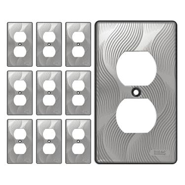 Imagem de DICAS Pacote com 10 placas de parede de aço inoxidável #304, tampa de tomada elétrica de metal com receptáculo duplex, decoração de casa, tamanho padrão 1 grupo 12 x 7 cm, estilo onda