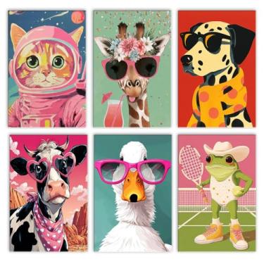 Imagem de 6 diferentes animais pintura por números para adultos gato girafa cão vaca pato sapo arte DIY colorido desenho animal pintura pintura por tinta acrílica mini tela kits de pintura fácil 8x12 polegadas