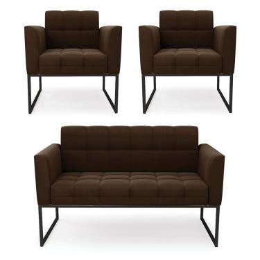 Imagem de Kit 1 Sofá Namoradeira E 2 Poltronas Elisa Suede Marrom Base Metálica Industrial Preto - D'rossi