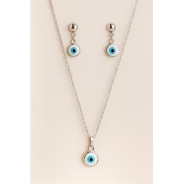 Imagem de Colar E Brincos Prata Olho Grego Feminino Luxo Em Aço Inox - WB Fashio