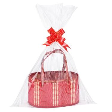 Imagem de MADHOLLY Cestas de tecido de bambu para presentes vazias – conjunto de 4 cestas de presente resistentes e dobráveis para embrulhar com alça de celofane, para Dia das Bruxas, Ação de Graças