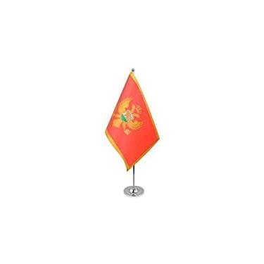 Imagem de Bandeira de mesa de prestígio Montenegro 15 cm x 9 cm cetim - Bandeira de mesa montenegrina 22 x 15 cm - Poste e base de aço - AZ FLAG